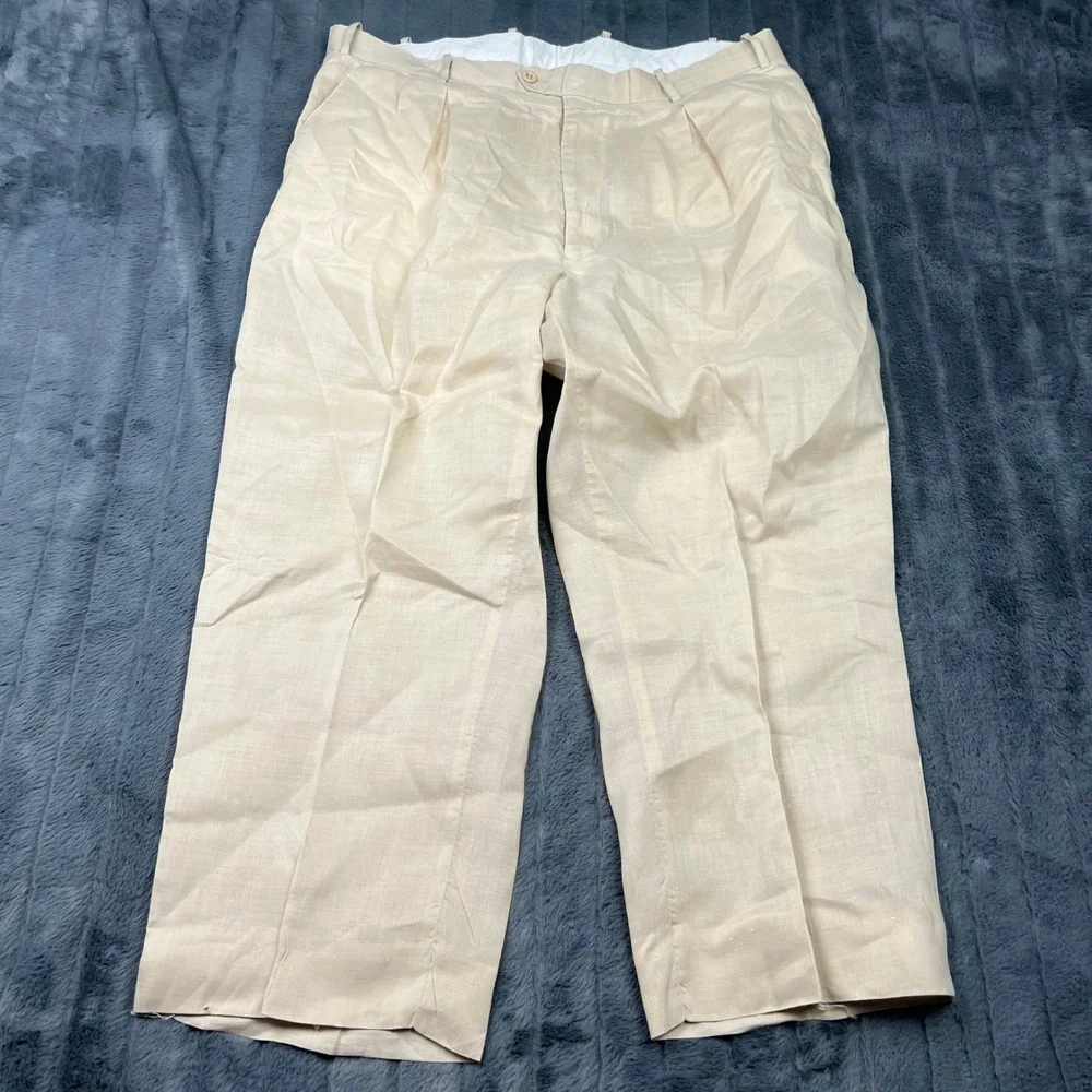 Pronti Collection by Phita Mens XL 40x34 Tan 100% Linen Pleated Dress Pants